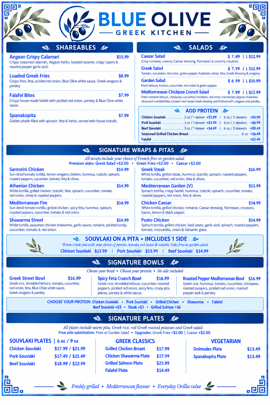 Full Blue Olive Greek Kitchen printed menu with prices